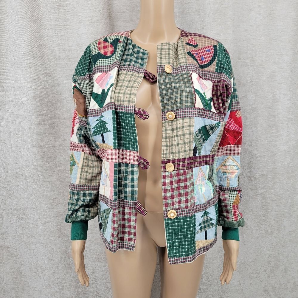Handmade Quilt Patchwork Button Up Vintage Bomber… - image 3